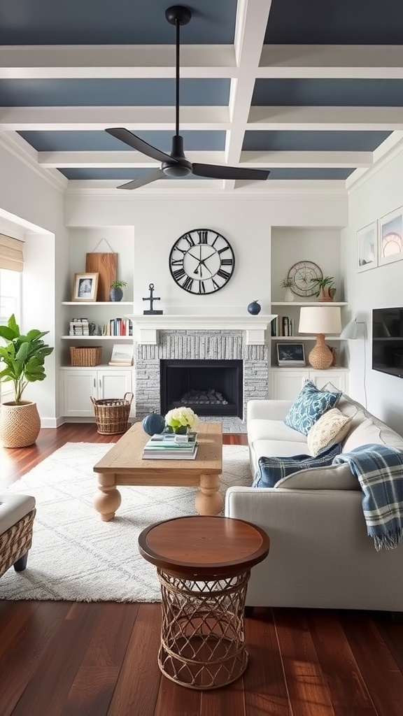 A stylish maritime-themed living room with a cozy sofa, wooden coffee table, and nautical decor.