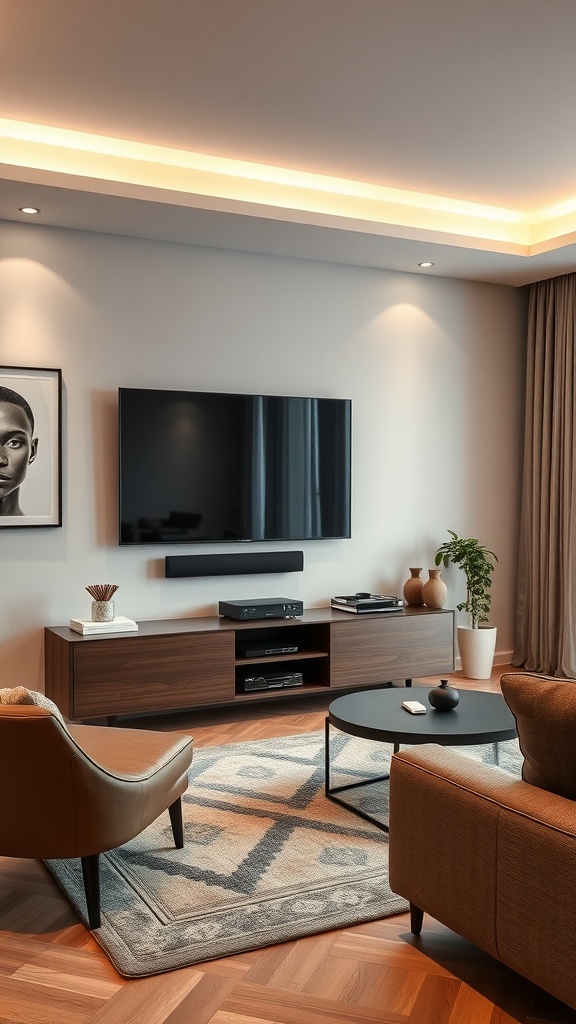 Stylish living room with a modern media center featuring a mounted TV and comfortable seating.