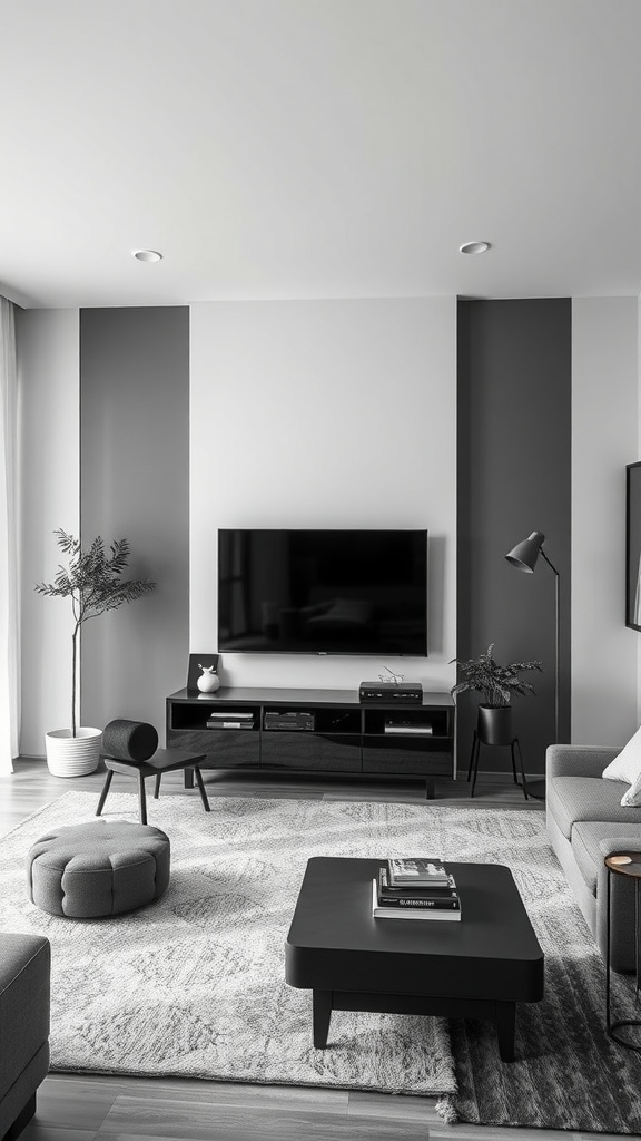 Stylish black, grey, and white living room with a modern media center