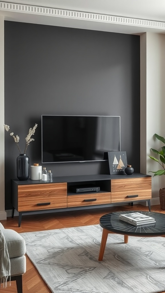 A stylish media console with a television on a dark wall, featuring wood and black finishes, surrounded by modern decor.