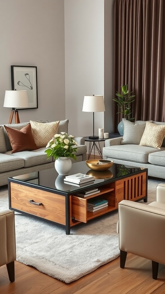 A stylish living room featuring a multi-functional coffee table with storage, surrounded by comfortable seating.