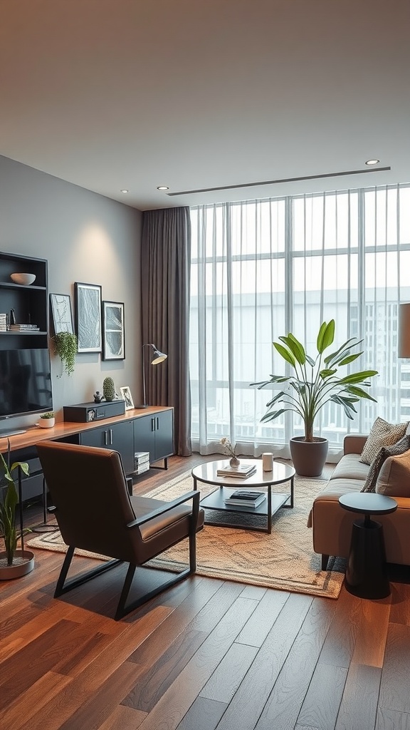 A modern living room featuring a blend of office and living space with large windows, contemporary furniture, and indoor plants.