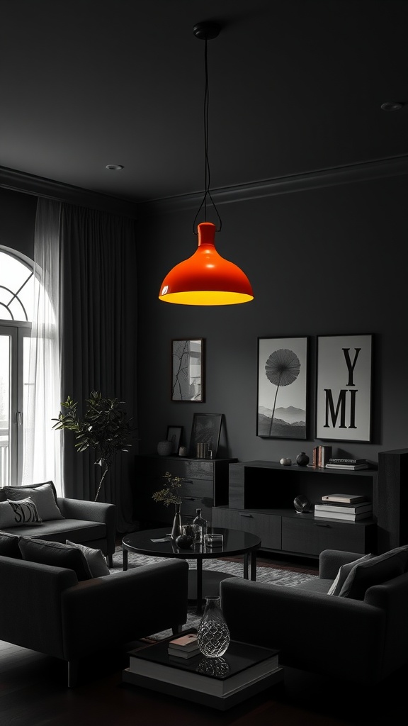 A stylish orange pendant light hanging in a dark living room with black furniture and decorative elements.