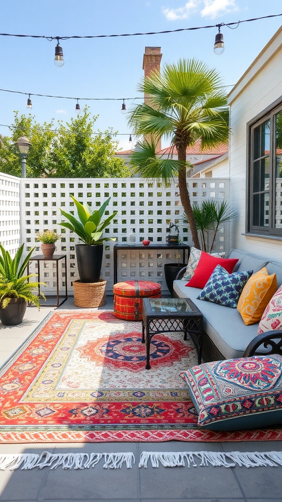 A cozy outdoor space with a stylish rug, colorful pillows, and plants.