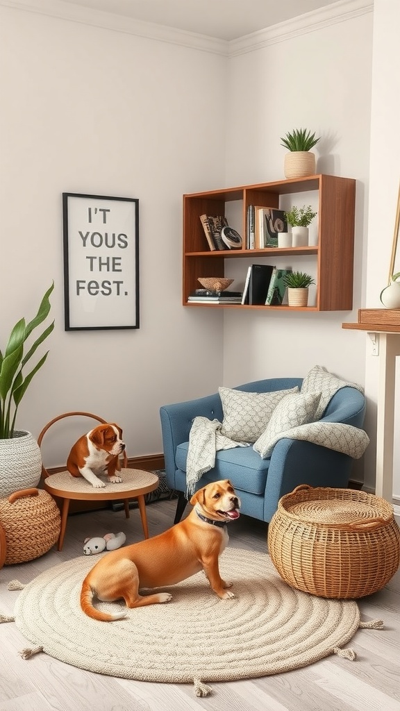 Cozy living room corner featuring a blue armchair, round rug, and pets. Decorated with plants and stylish storage.