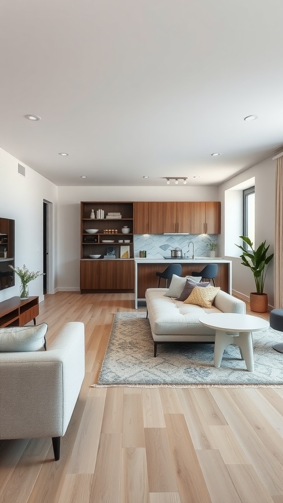 A modern living room with an open kitchen, featuring a stylish sofa, wooden cabinets, and a calm color palette.