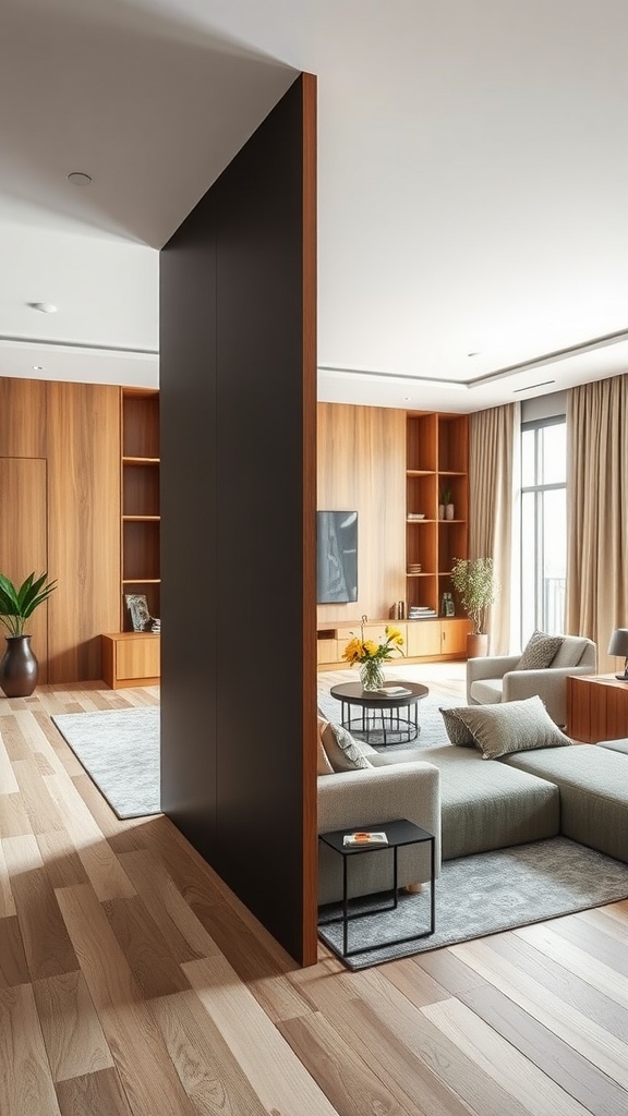 A modern living room featuring a stylish room divider that separates two areas, with wooden elements and bright natural light.