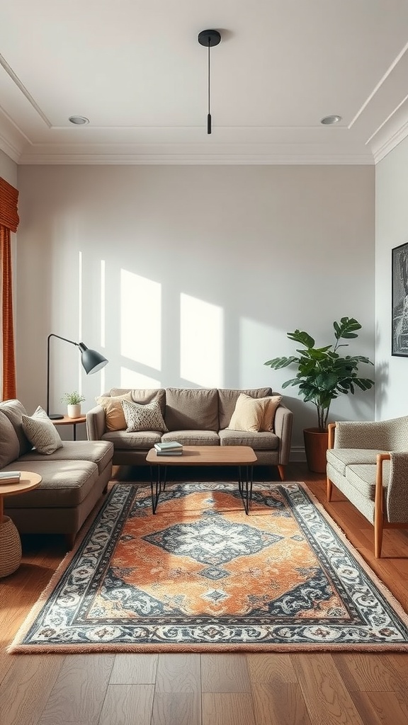 A cozy living room featuring a stylish orange and black rug, comfortable seating, and natural light.