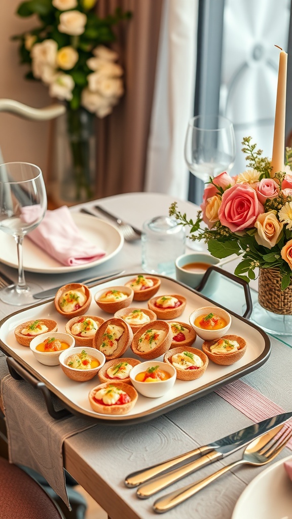 A stylish serving tray with mini dishes on a beautifully set dinner table.