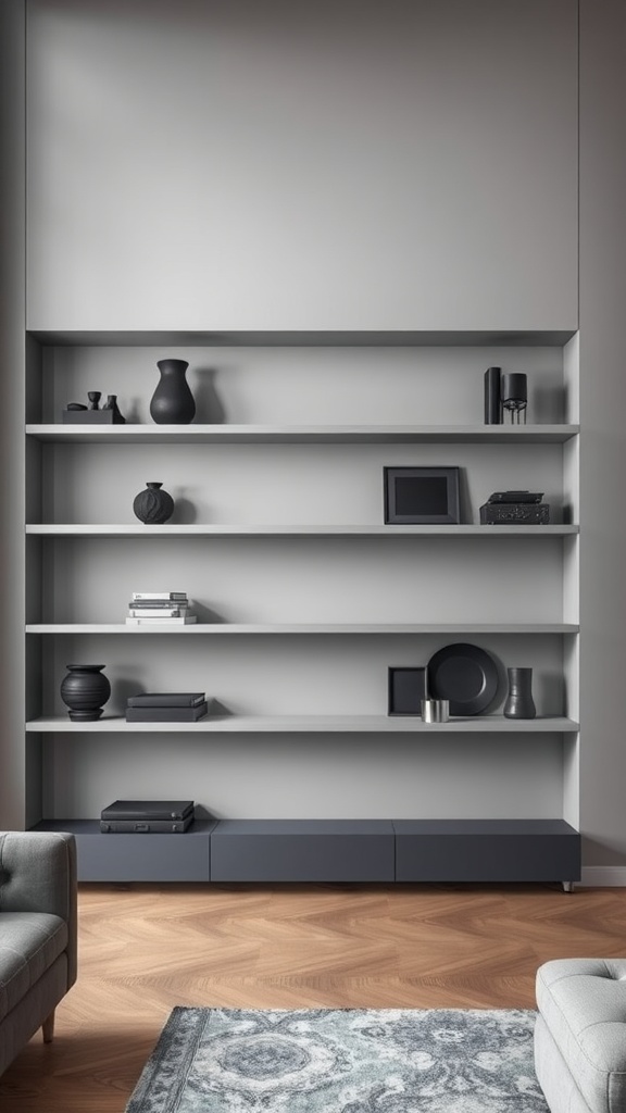 Stylish shelves with black decor in a modern living room