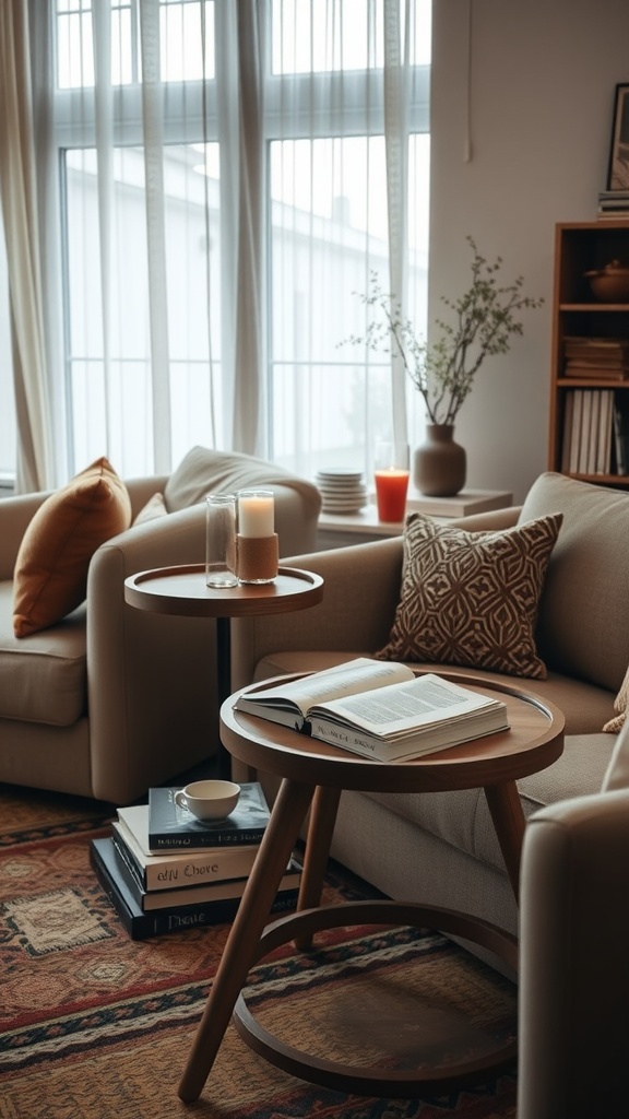 A cozy living room with stylish round wooden side tables, a book, a candle, and a warm atmosphere.