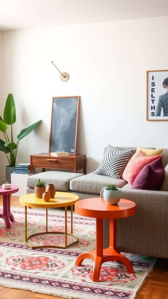 Colorful boho side tables in a living room