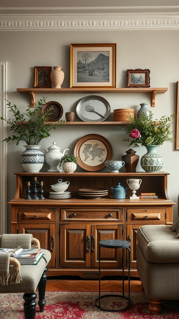 A cozy old English living room featuring a wooden sideboard adorned with decorative items and plants.