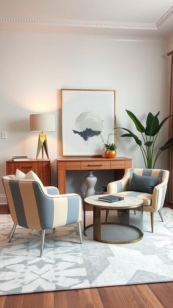 Modern living room featuring stylish silver accent chairs with striped patterns and a chic coffee table.