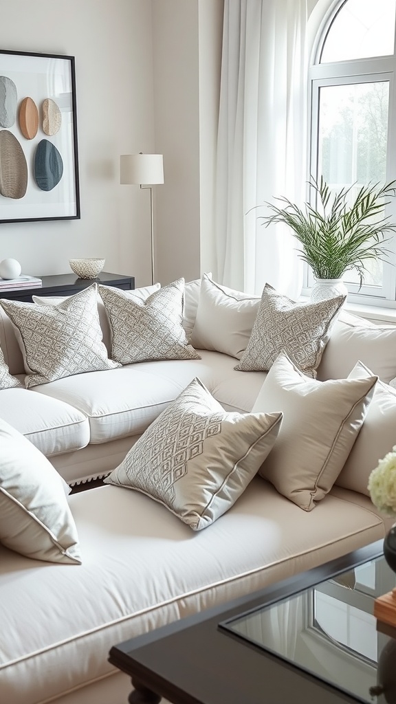 A cozy living room with a light-colored sofa adorned with silver decorative pillows, showcasing elegant patterns.