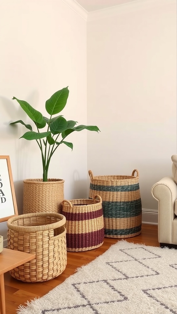 A collection of stylish woven storage baskets in a living room setting, complemented by a plant.