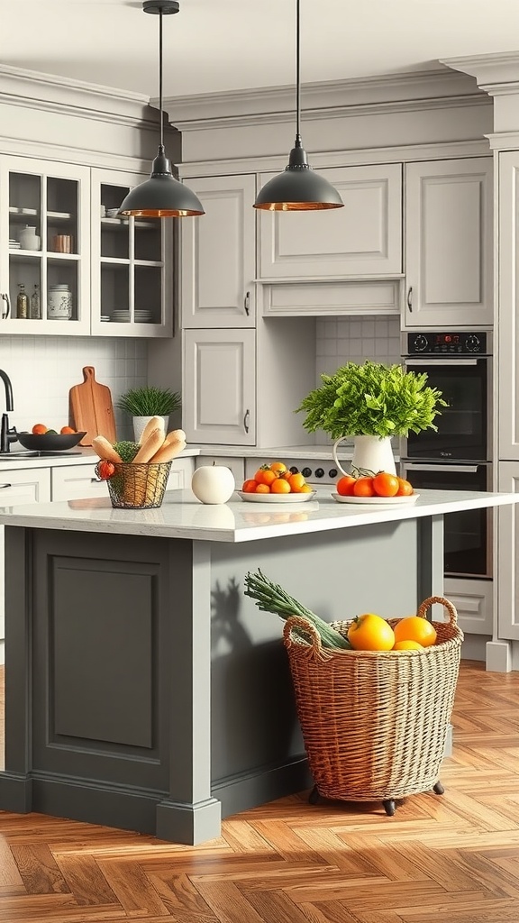 A stylish kitchen island featuring storage baskets filled with fruits and vegetables.