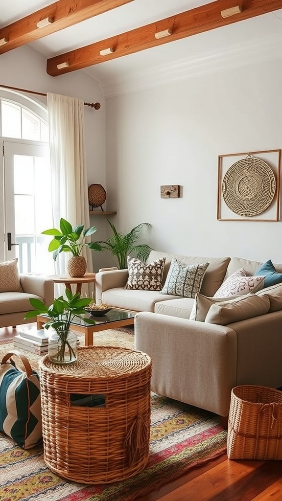 A cozy dark boho living room featuring stylish storage solutions like woven baskets and a round ottoman.