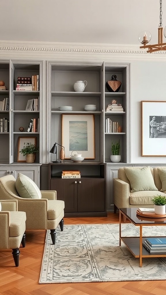 A stylish living room featuring organized bookshelves, comfortable seating, and decorative elements.