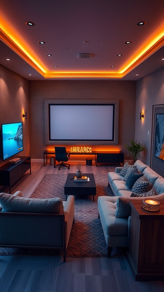 A modern sunken living room designed for entertainment, featuring cozy seating, ambient lighting, and a large screen.