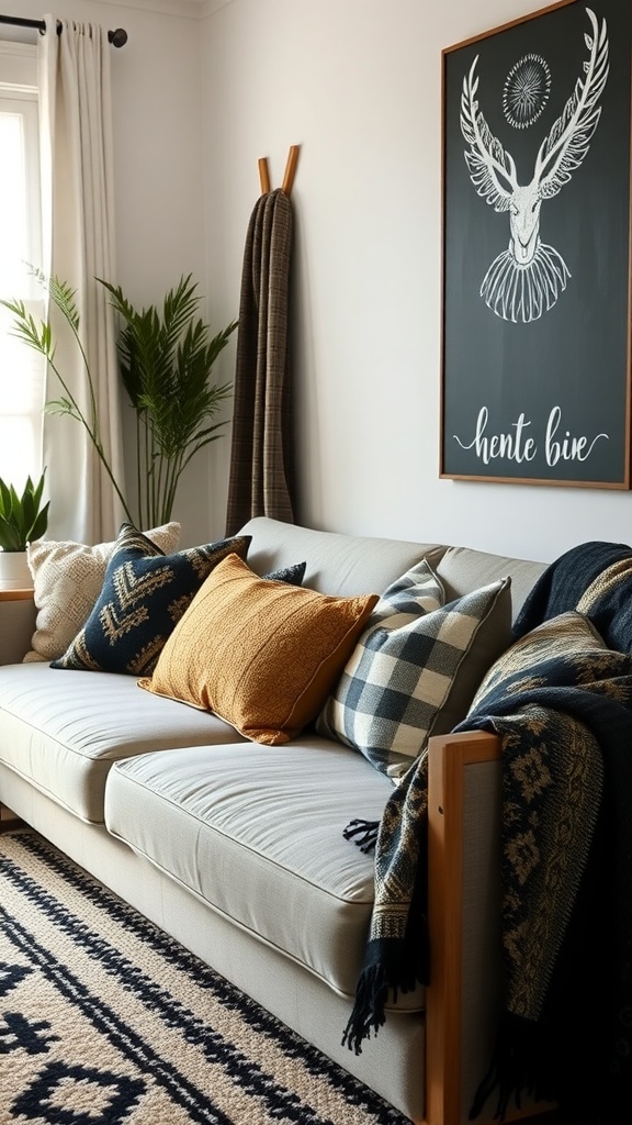 A stylish living room sofa decorated with various throw pillows and a blanket, showcasing a black and gold theme.