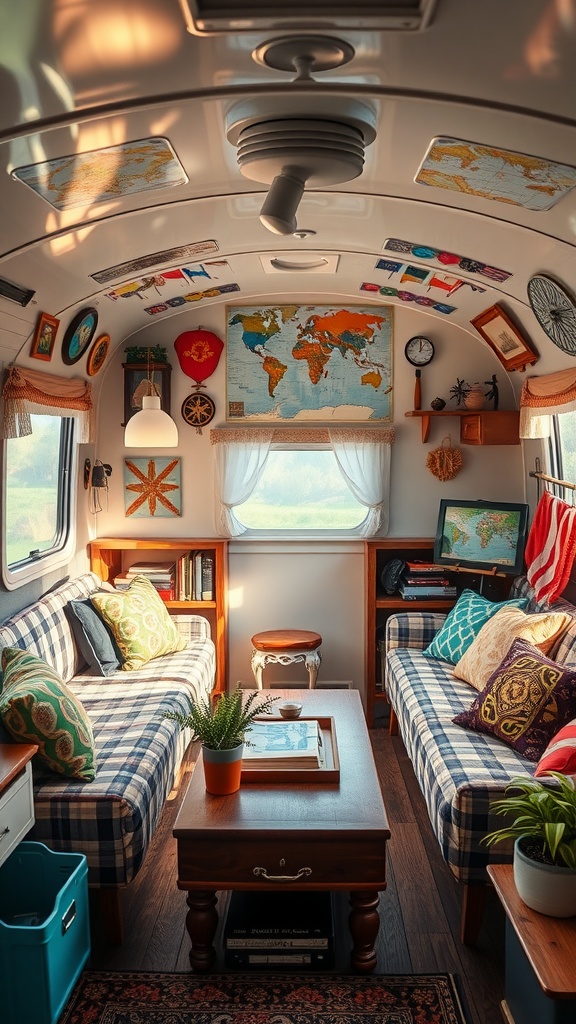 A travel-inspired trailer house living room with plaid sofas, a world map on the wall, and colorful decor.