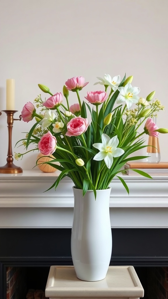 A stylish white vase filled with pink and white flowers, placed in front of a fireplace.