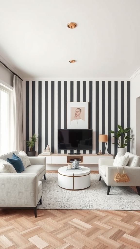 Living room featuring a stylish vertical striped accent wall in black and white