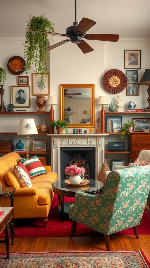 Cozy vintage living room with yellow sofa, green armchair, and various decorative accessories