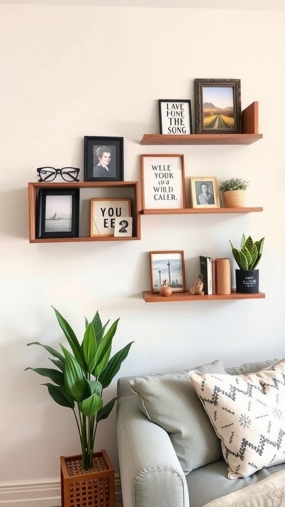 Stylish wall shelves decorated with framed photos, quotes, and a plant in a dorm living room.