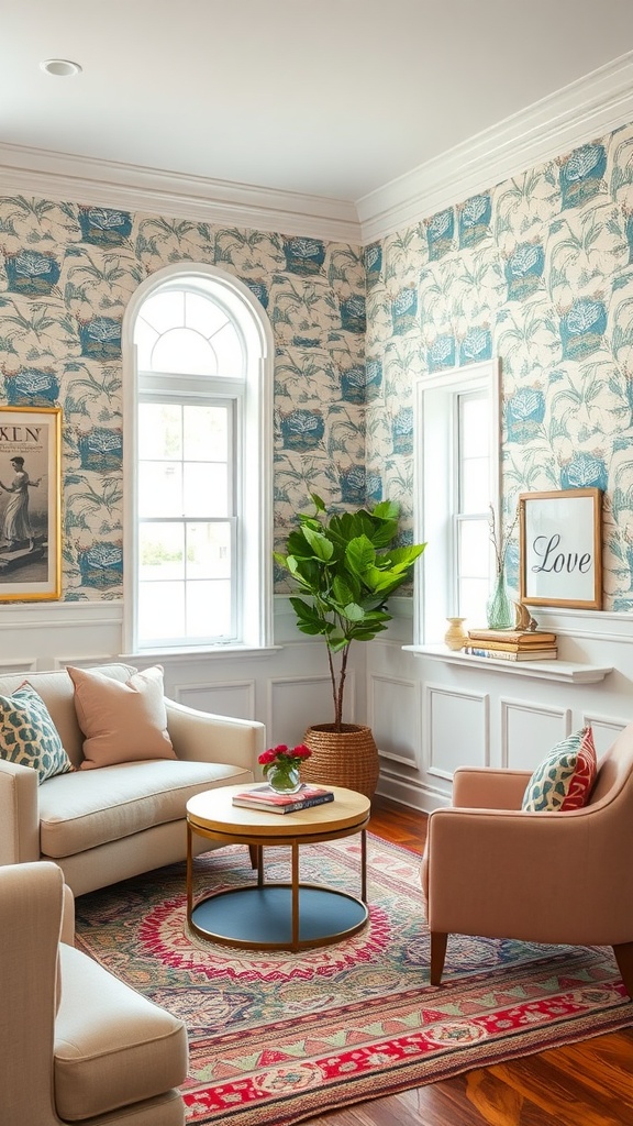 A small living room with botanical wallpaper, cozy seating, and decorative elements.