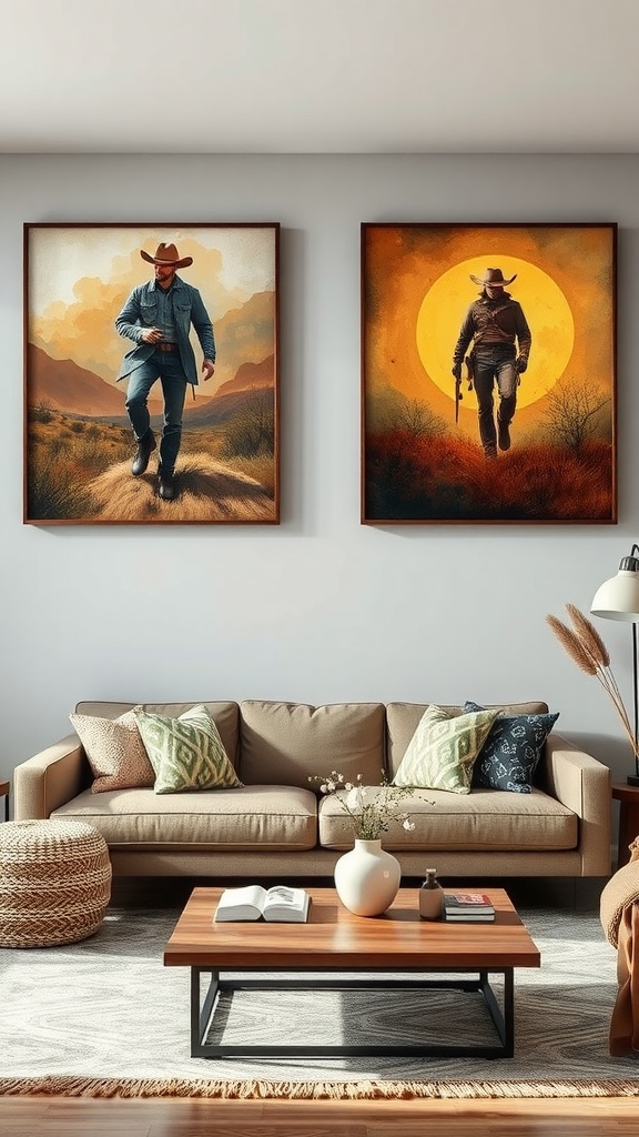 Stylish Western-inspired artwork featuring two cowboys in a modern living room setting