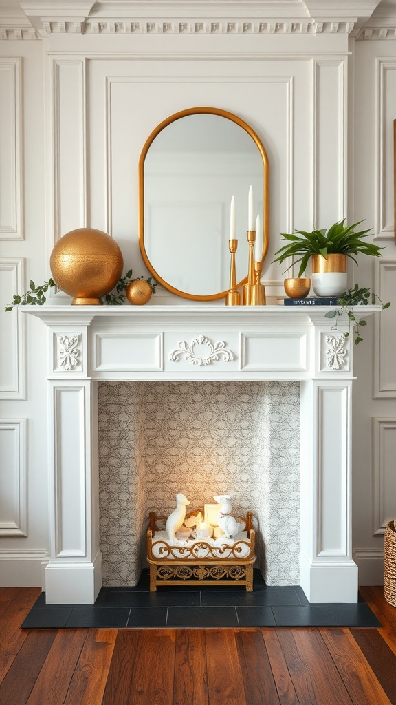 Stylish white fireplace with gold mantel decor, featuring candles, vases, and a decorative firewood holder.