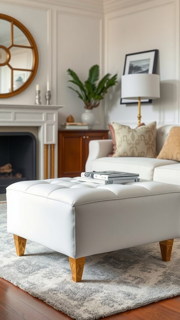 A stylish white ottoman with gold legs in a living room setting