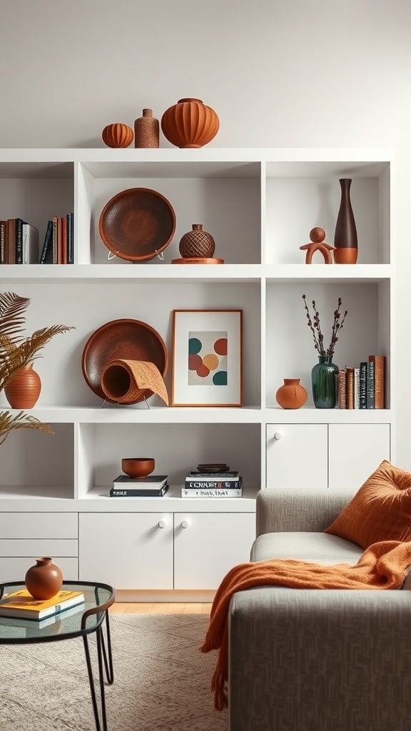 Stylish white shelves with brown and terracotta accessories in a living room setting