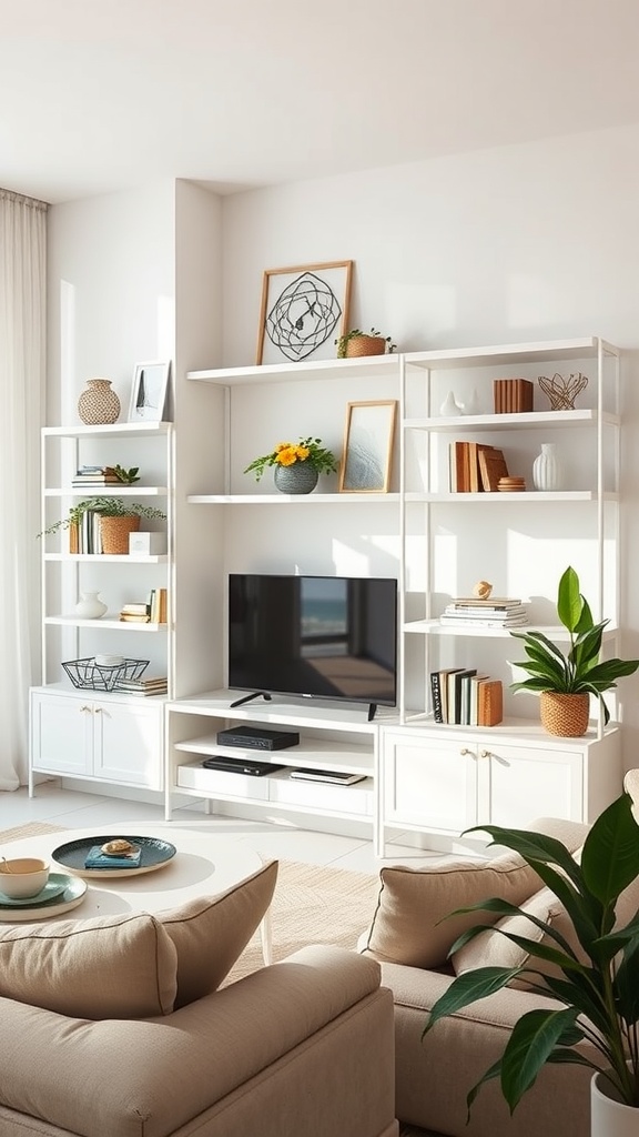 A bright living room featuring stylish white shelving with decorative items and a TV.