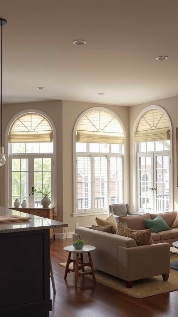 Stylish window treatments in an open kitchen living room setting