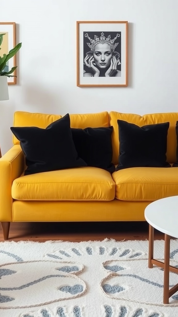 A bright yellow sofa with black pillows and framed artwork on the wall, surrounded by a patterned rug and a small coffee table.