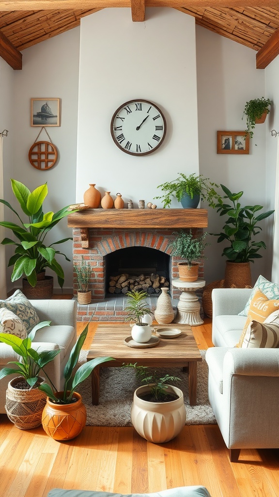 A modern rustic living room featuring indoor plants and a cozy fireplace.