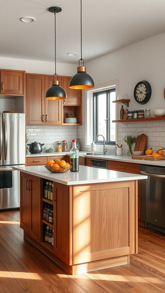 Stylized spice rack on a modern kitchen island with wooden cabinetry and jars of spices.