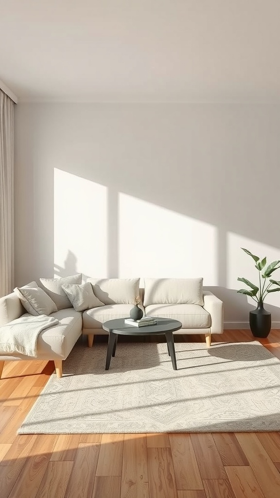 Minimalist living room featuring a light area rug, a cozy sofa, and a simple coffee table.