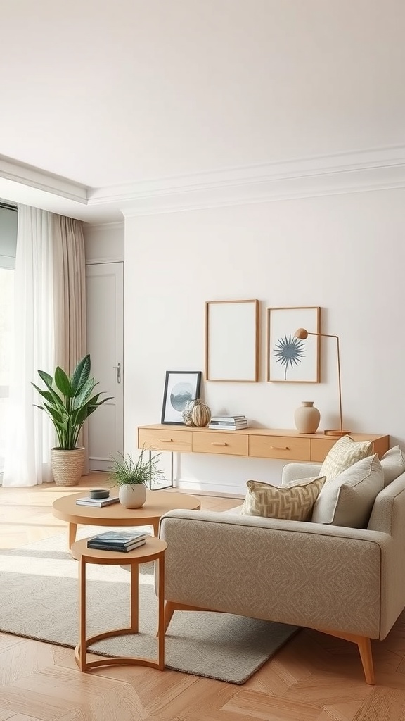 A cozy living room featuring a beige sofa with geometric patterns, wood furniture, and indoor plants.