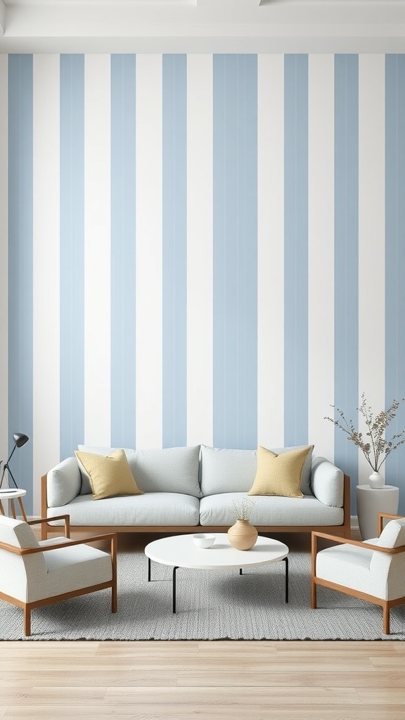 Living room with blue striped accent wall and light furniture