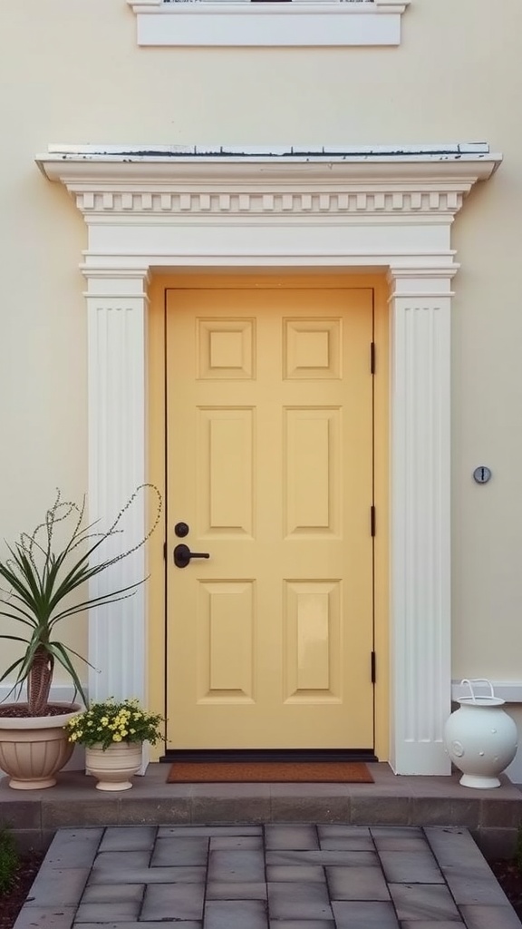 A soft creamy yellow front door with white trim, flanked by potted plants, creating a welcoming entrance.