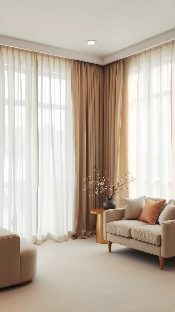 A serene living room featuring beige drapes, a cozy sofa, and natural light.