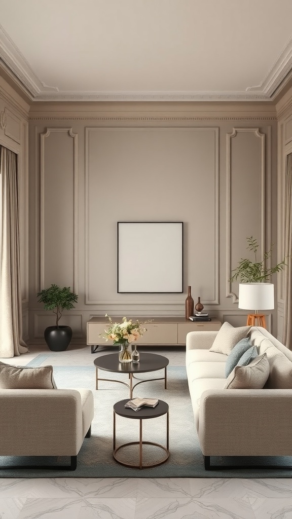 A stylish living room with gray beige walls, elegant furniture, and natural light.