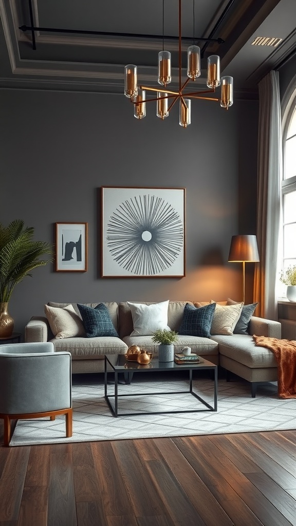 A neutral living room with metallic finishes featuring a chandelier, cozy sofa, and stylish decor.