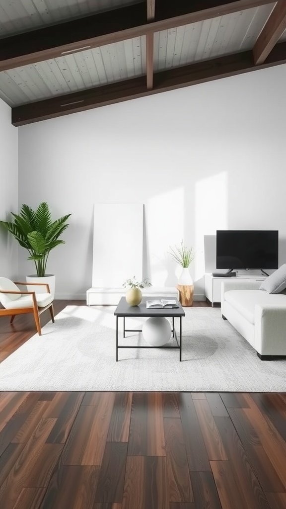 A modern living room featuring a light gray rug, white furniture, and plants, emphasizing a subtle monochrome design.