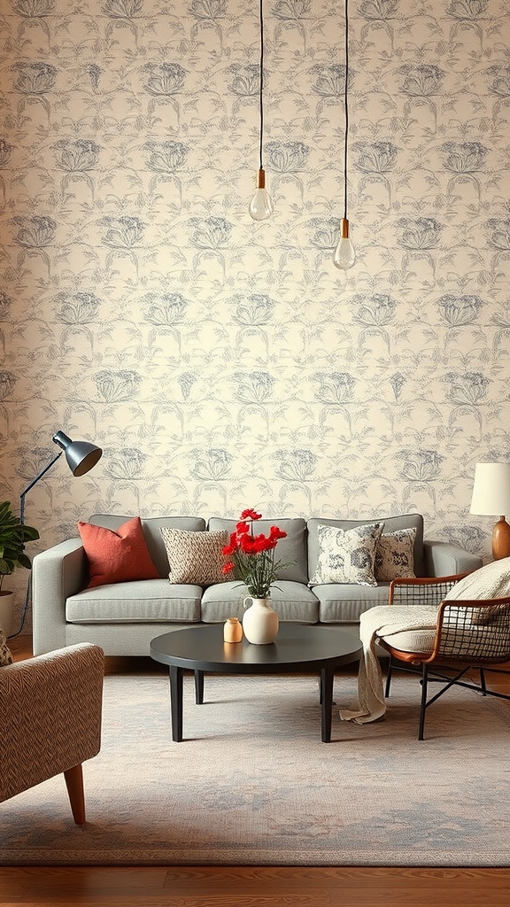 Cozy living room with floral wallpaper and soft furnishings