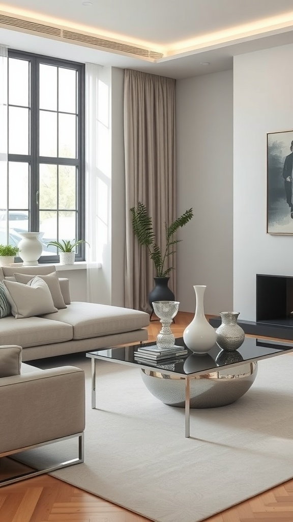 A stylish living room featuring subtle silver accessories like vases and a coffee table, blending elegance with a neutral color palette.